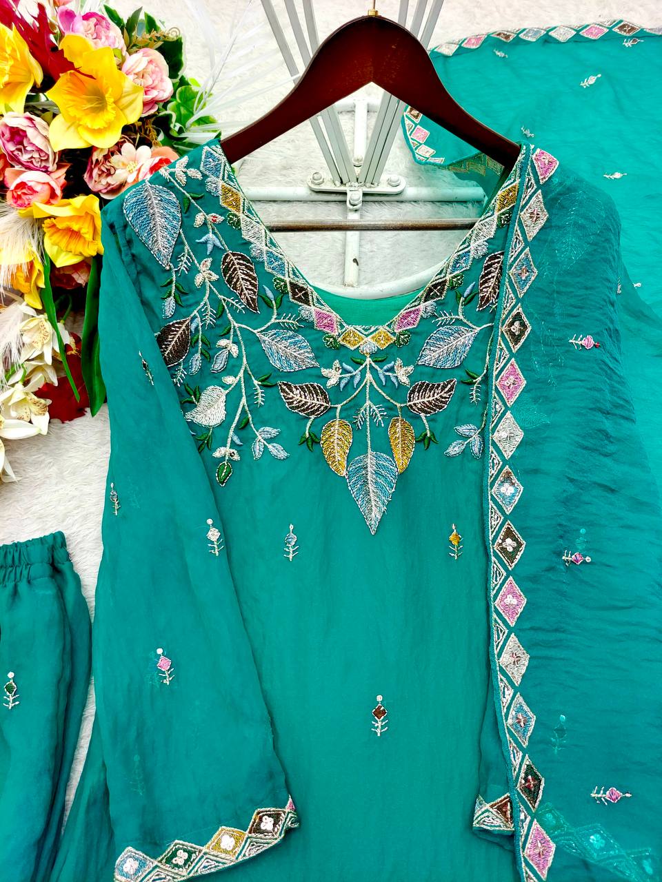 Designer Pure NC Moss Silk Sequence Embroidery Top, Palazzo & Dupatta Set