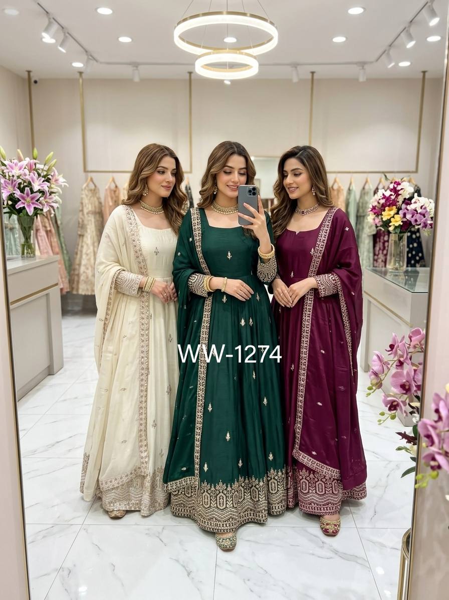 Designer Pure Chinon Silk Sequence Embroidery Gown, Pant & Dupatta Set
