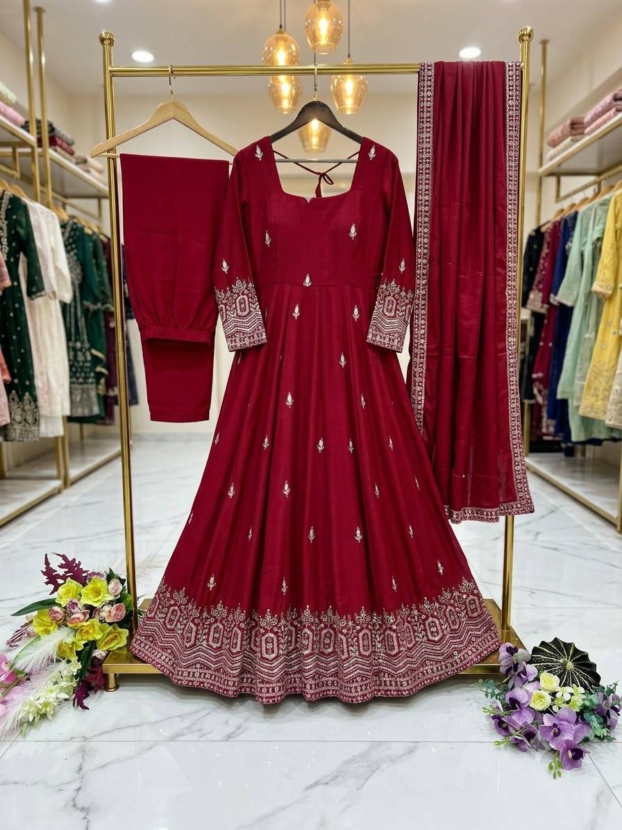 Designer Pure Chinon Silk Sequence Embroidery Gown, Pant & Dupatta Set