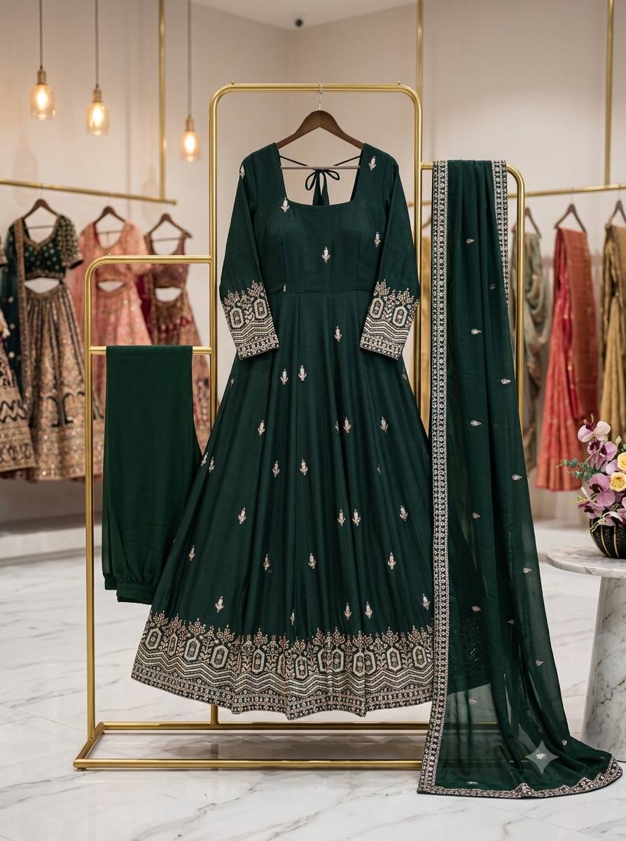Designer Pure Chinon Silk Sequence Embroidery Gown, Pant & Dupatta Set