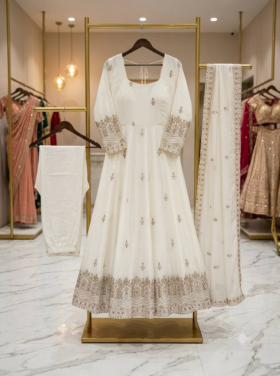 Designer Pure Chinon Silk Sequence Embroidery Gown, Pant & Dupatta Set