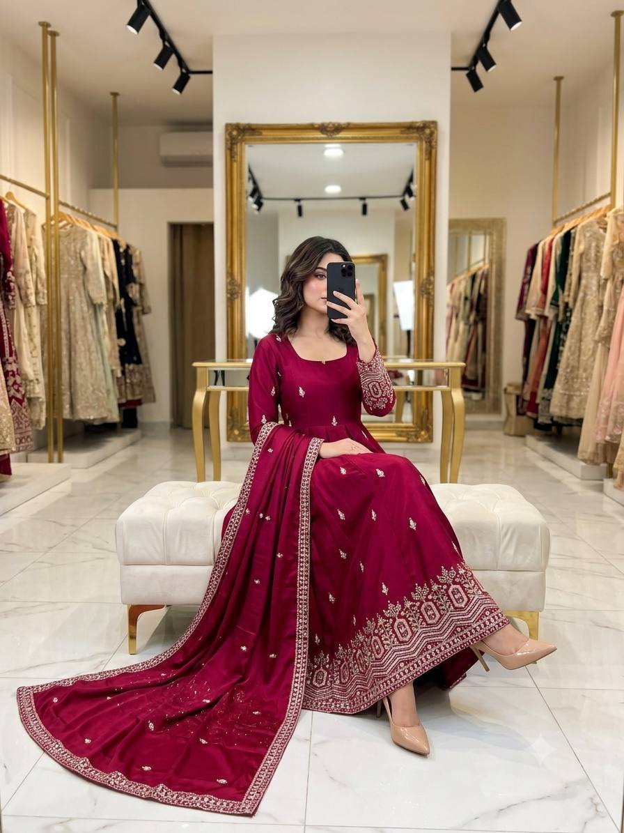 Designer Pure Chinon Silk Sequence Embroidery Gown, Pant & Dupatta Set