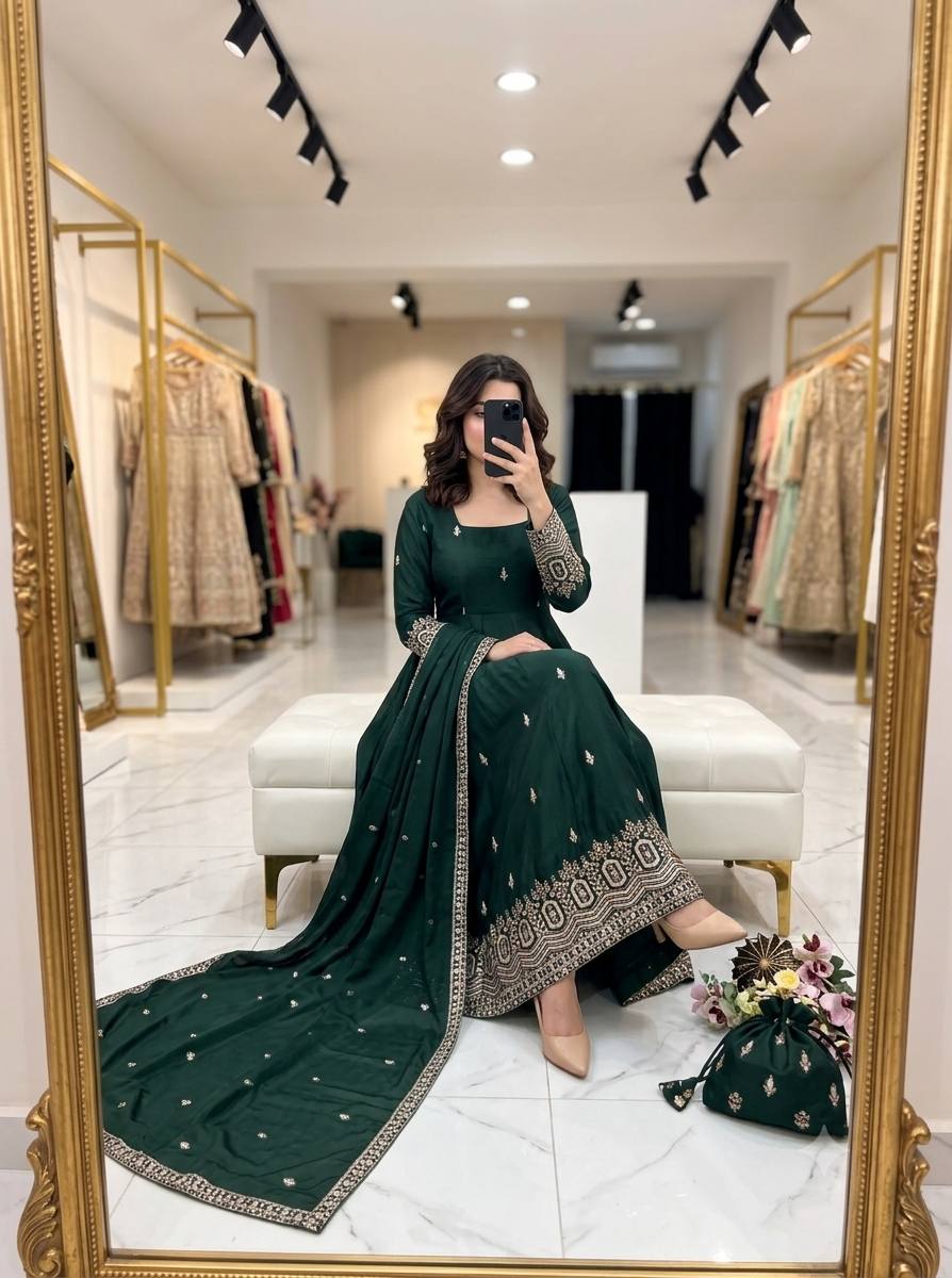 Designer Pure Chinon Silk Sequence Embroidery Gown, Pant & Dupatta Set