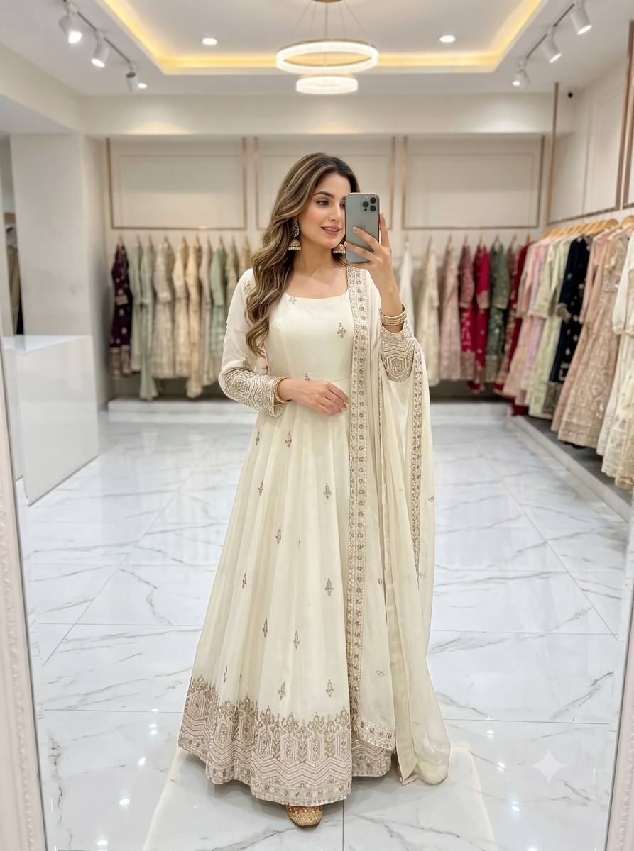 Designer Pure Chinon Silk Sequence Embroidery Gown, Pant & Dupatta Set