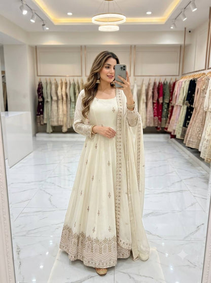 Designer Pure Chinon Silk Sequence Embroidery Gown, Pant & Dupatta Set