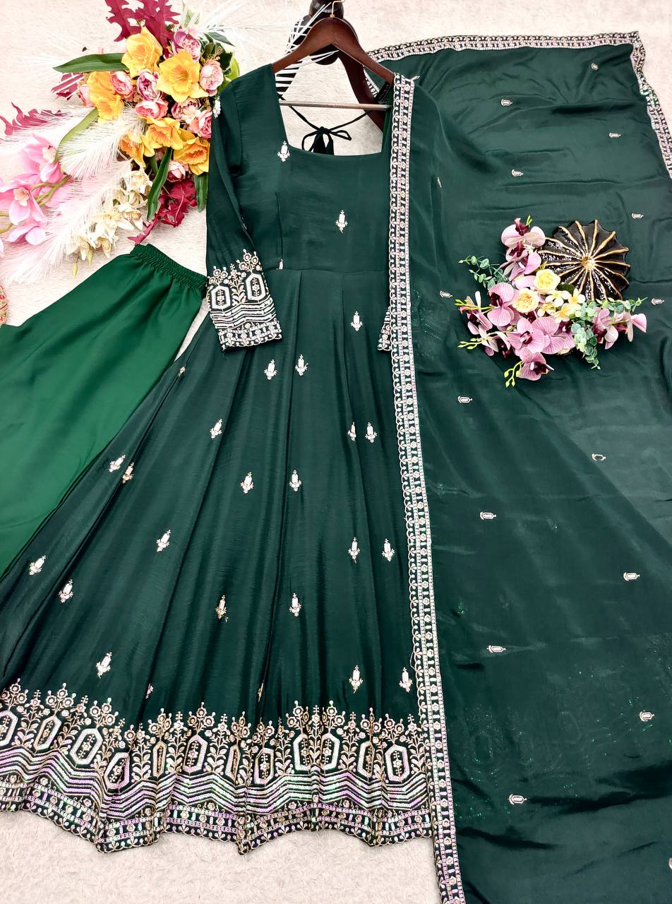 Designer Pure Chinon Silk Sequence Embroidery Gown, Pant & Dupatta Set