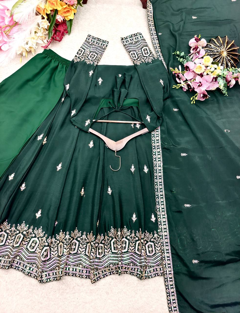 Designer Pure Chinon Silk Sequence Embroidery Gown, Pant & Dupatta Set