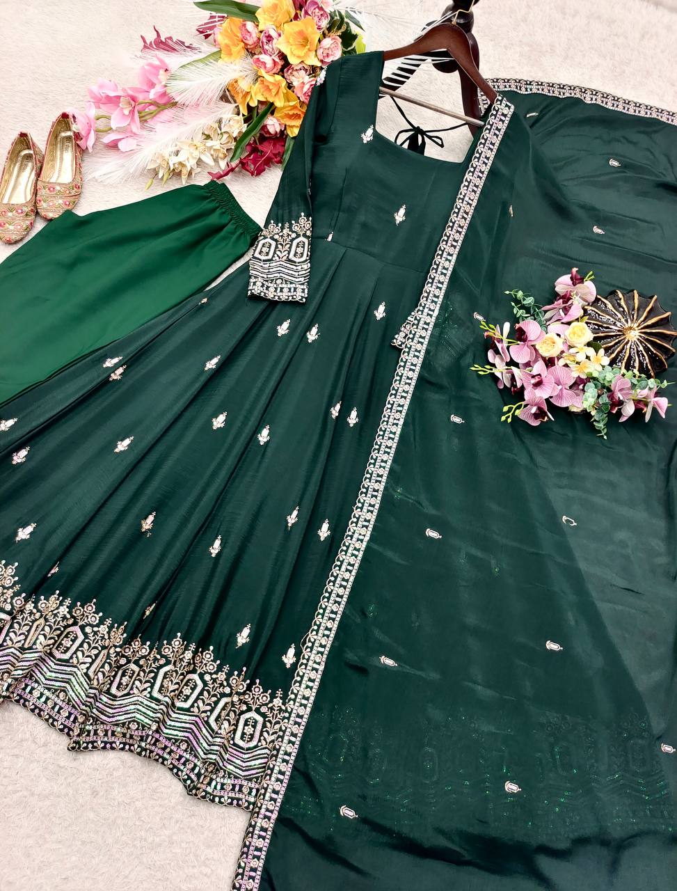 Designer Pure Chinon Silk Sequence Embroidery Gown, Pant & Dupatta Set