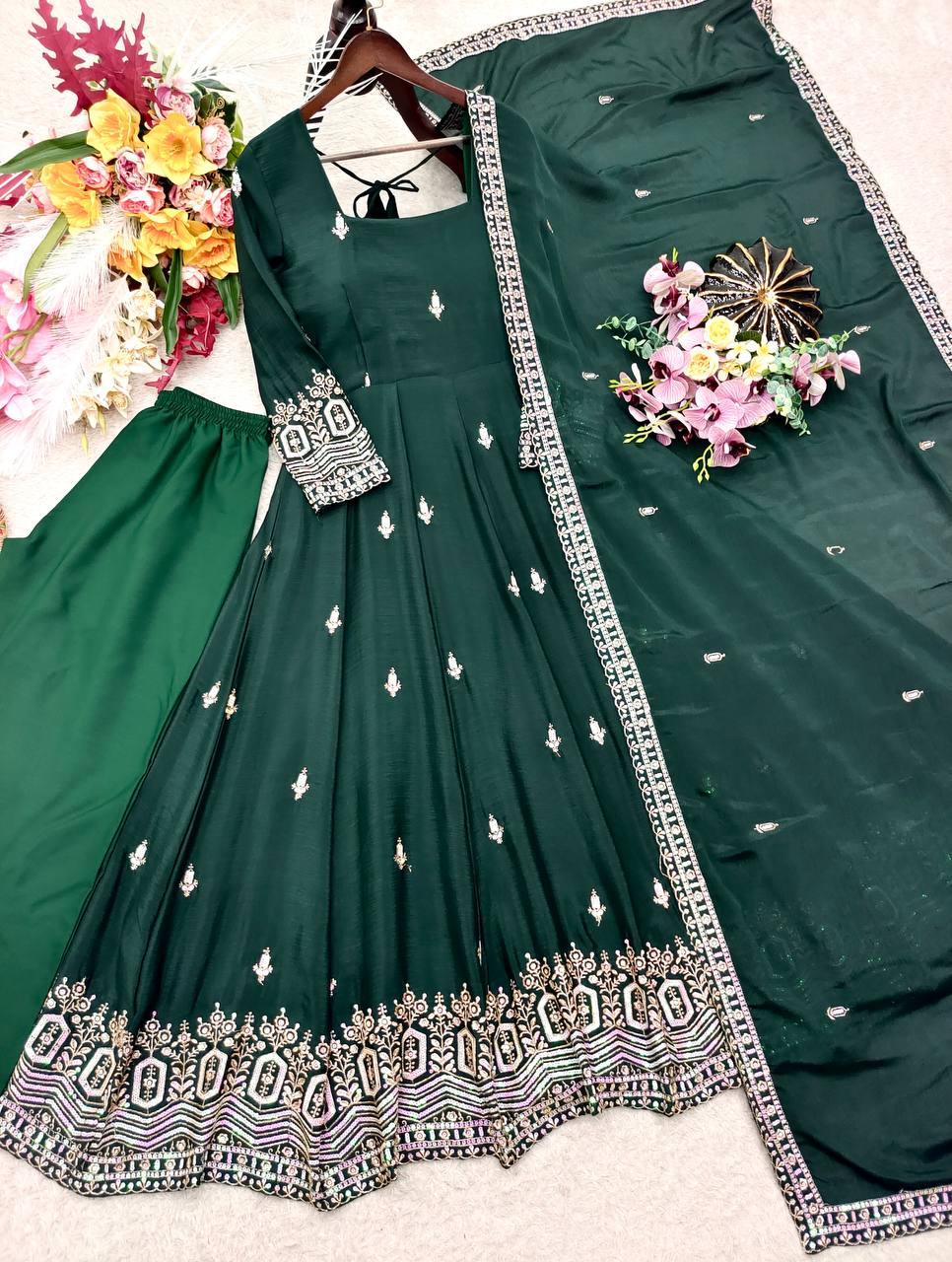 Designer Pure Chinon Silk Sequence Embroidery Gown, Pant & Dupatta Set