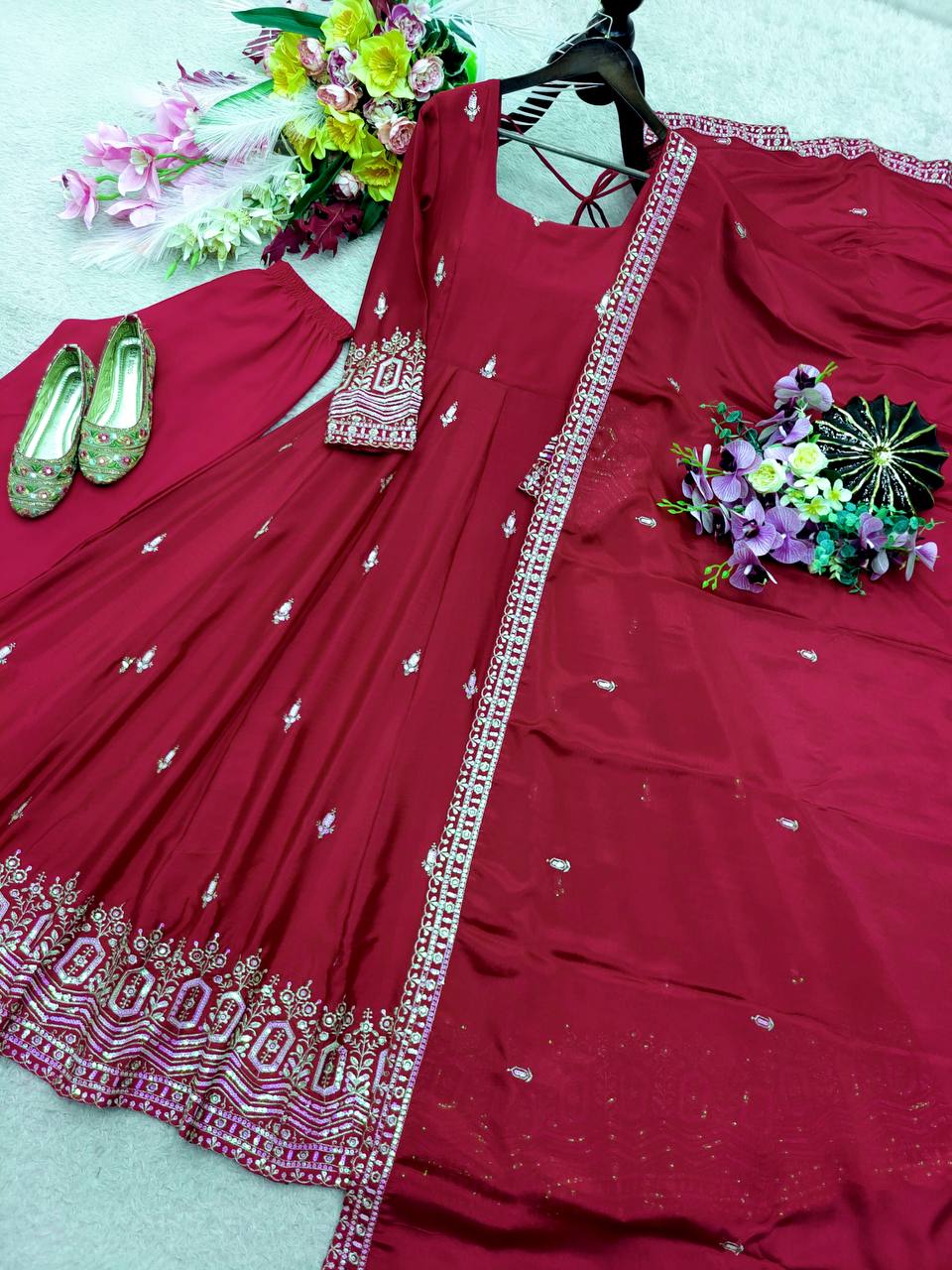 Designer Pure Chinon Silk Sequence Embroidery Gown, Pant & Dupatta Set