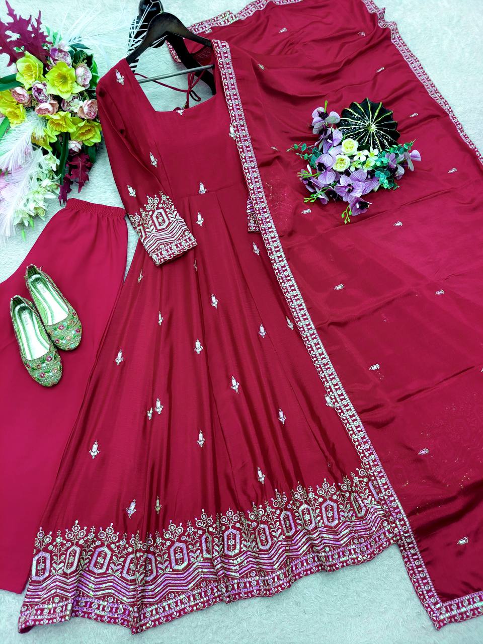 Designer Pure Chinon Silk Sequence Embroidery Gown, Pant & Dupatta Set