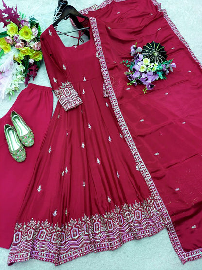 Designer Pure Chinon Silk Sequence Embroidery Gown, Pant & Dupatta Set