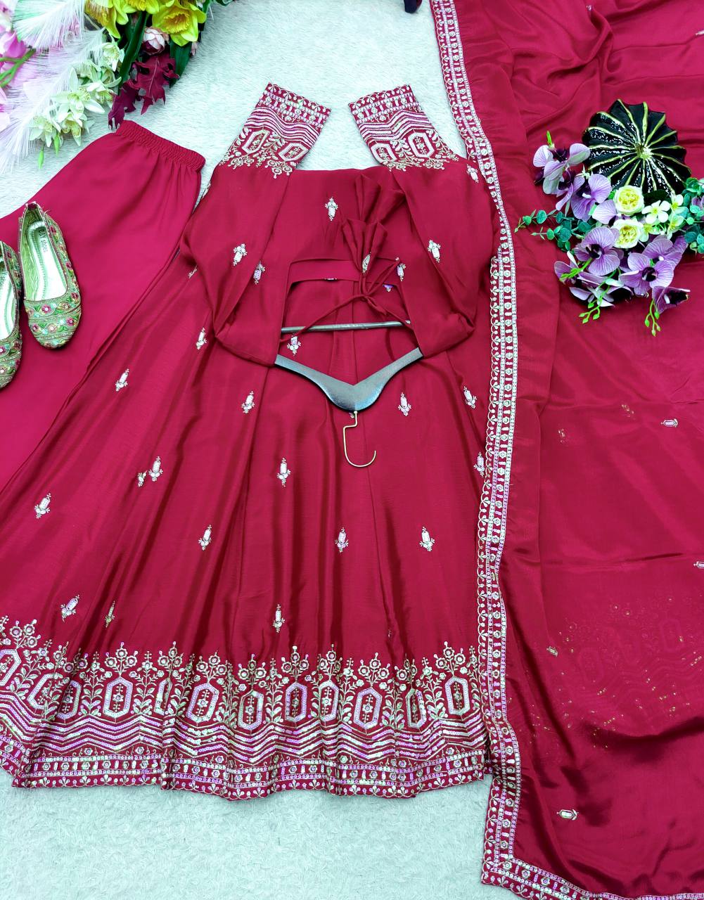 Designer Pure Chinon Silk Sequence Embroidery Gown, Pant & Dupatta Set