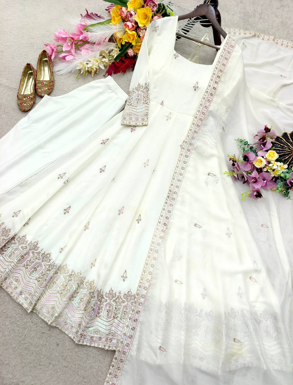 Designer Pure Chinon Silk Sequence Embroidery Gown, Pant & Dupatta Set