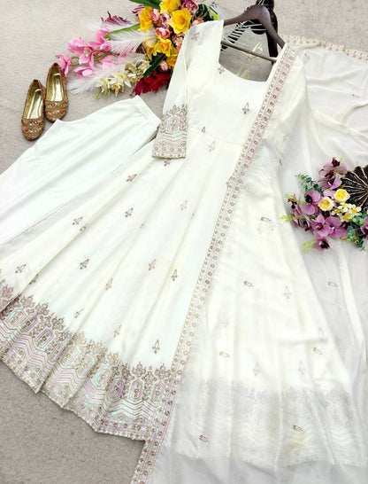 Designer Pure Chinon Silk Sequence Embroidery Gown, Pant & Dupatta Set