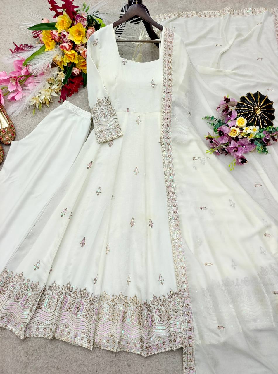 Designer Pure Chinon Silk Sequence Embroidery Gown, Pant & Dupatta Set