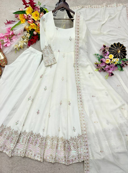 Designer Pure Chinon Silk Sequence Embroidery Gown, Pant & Dupatta Set
