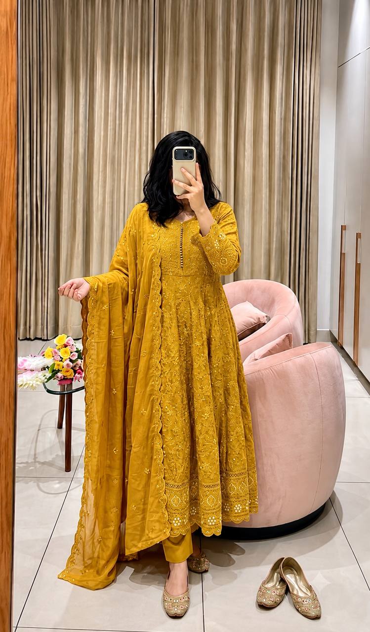 Designer Mustard Yellow Pure Fox Georgette Sequence Embroidery Gown, Pant & Dupatta Set with Padded Bust & Latkan