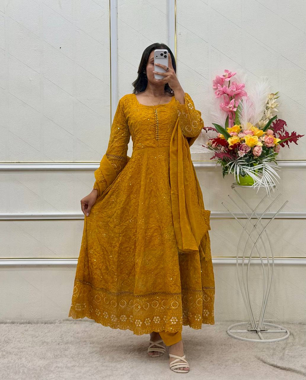 Designer Mustard Yellow Pure Fox Georgette Sequence Embroidery Gown, Pant & Dupatta Set with Padded Bust & Latkan