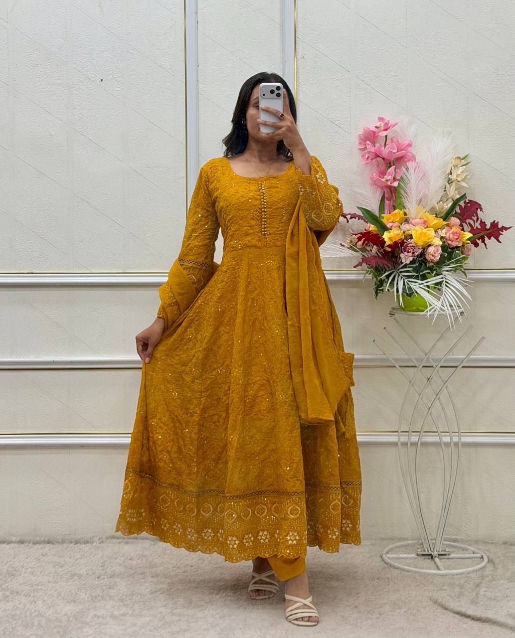 Designer Mustard Yellow Pure Fox Georgette Sequence Embroidery Gown, Pant & Dupatta Set with Padded Bust & Latkan