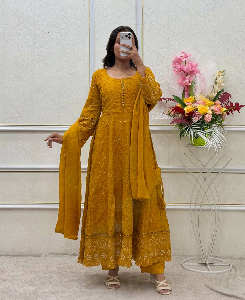 Designer Mustard Yellow Pure Fox Georgette Sequence Embroidery Gown, Pant & Dupatta Set with Padded Bust & Latkan