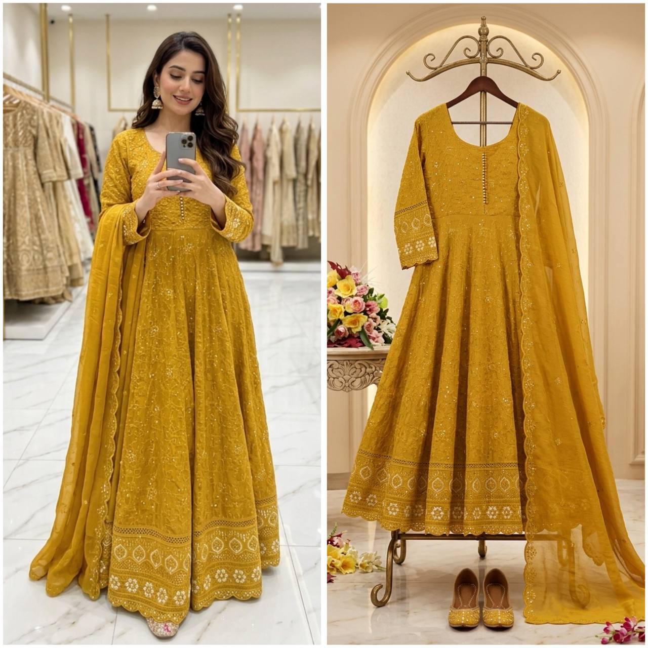 Designer Mustard Yellow Pure Fox Georgette Sequence Embroidery Gown, Pant & Dupatta Set with Padded Bust & Latkan