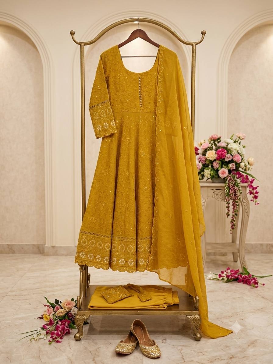Designer Mustard Yellow Pure Fox Georgette Sequence Embroidery Gown, Pant & Dupatta Set with Padded Bust & Latkan