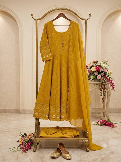 Designer Mustard Yellow Pure Fox Georgette Sequence Embroidery Gown, Pant & Dupatta Set with Padded Bust & Latkan