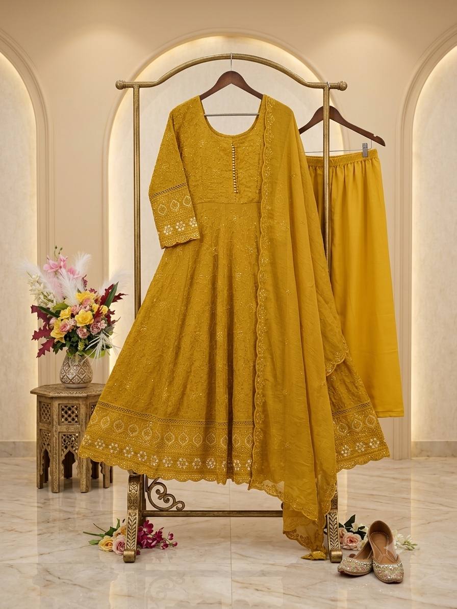 Designer Mustard Yellow Pure Fox Georgette Sequence Embroidery Gown, Pant & Dupatta Set with Padded Bust & Latkan