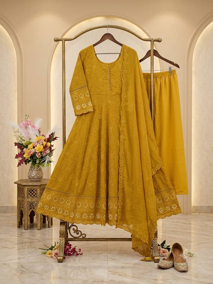 Designer Mustard Yellow Pure Fox Georgette Sequence Embroidery Gown, Pant & Dupatta Set with Padded Bust & Latkan
