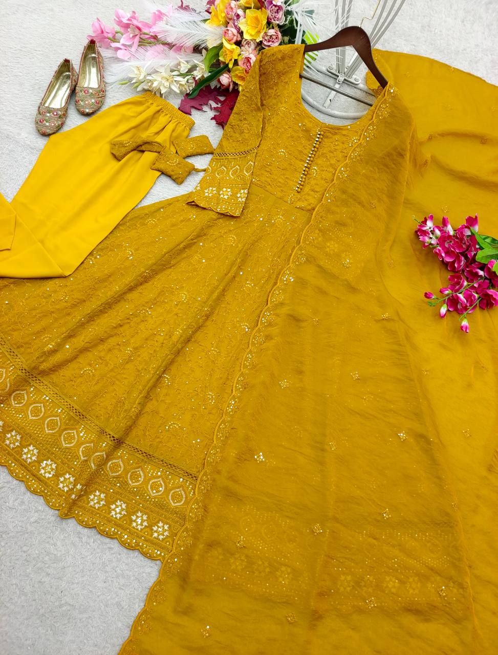 Designer Mustard Yellow Pure Fox Georgette Sequence Embroidery Gown, Pant & Dupatta Set with Padded Bust & Latkan