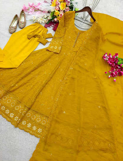 Designer Mustard Yellow Pure Fox Georgette Sequence Embroidery Gown, Pant & Dupatta Set with Padded Bust & Latkan