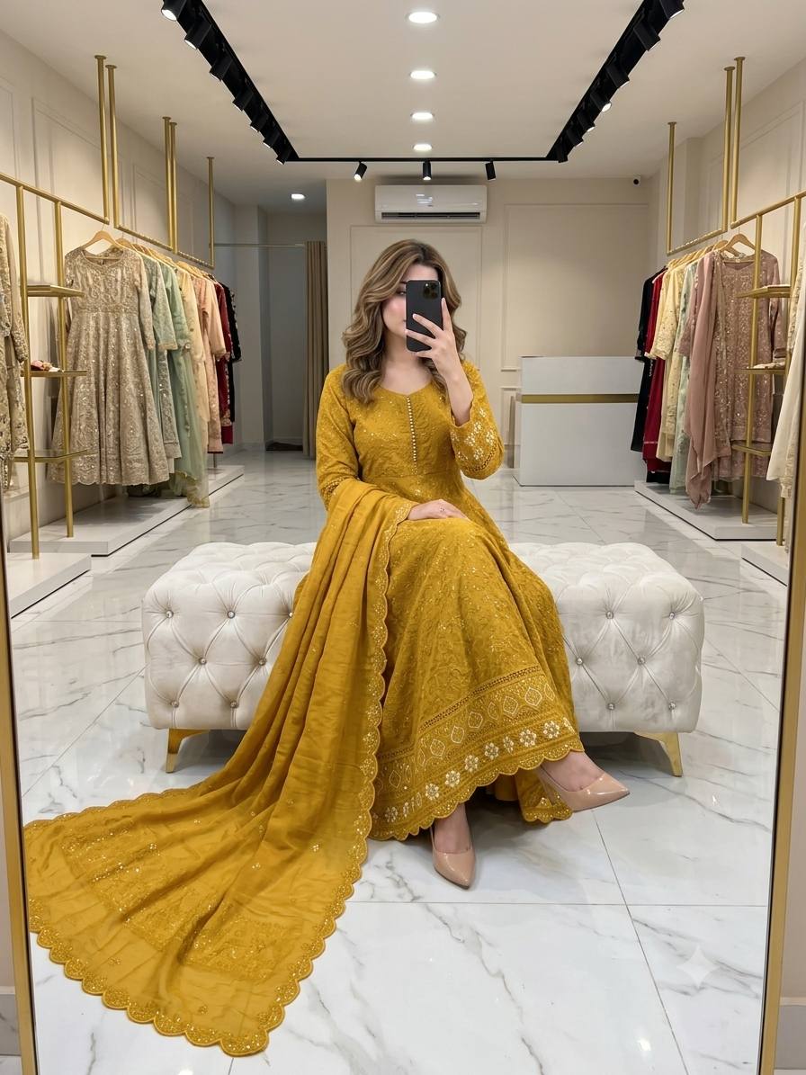 Designer Mustard Yellow Pure Fox Georgette Sequence Embroidery Gown, Pant & Dupatta Set with Padded Bust & Latkan