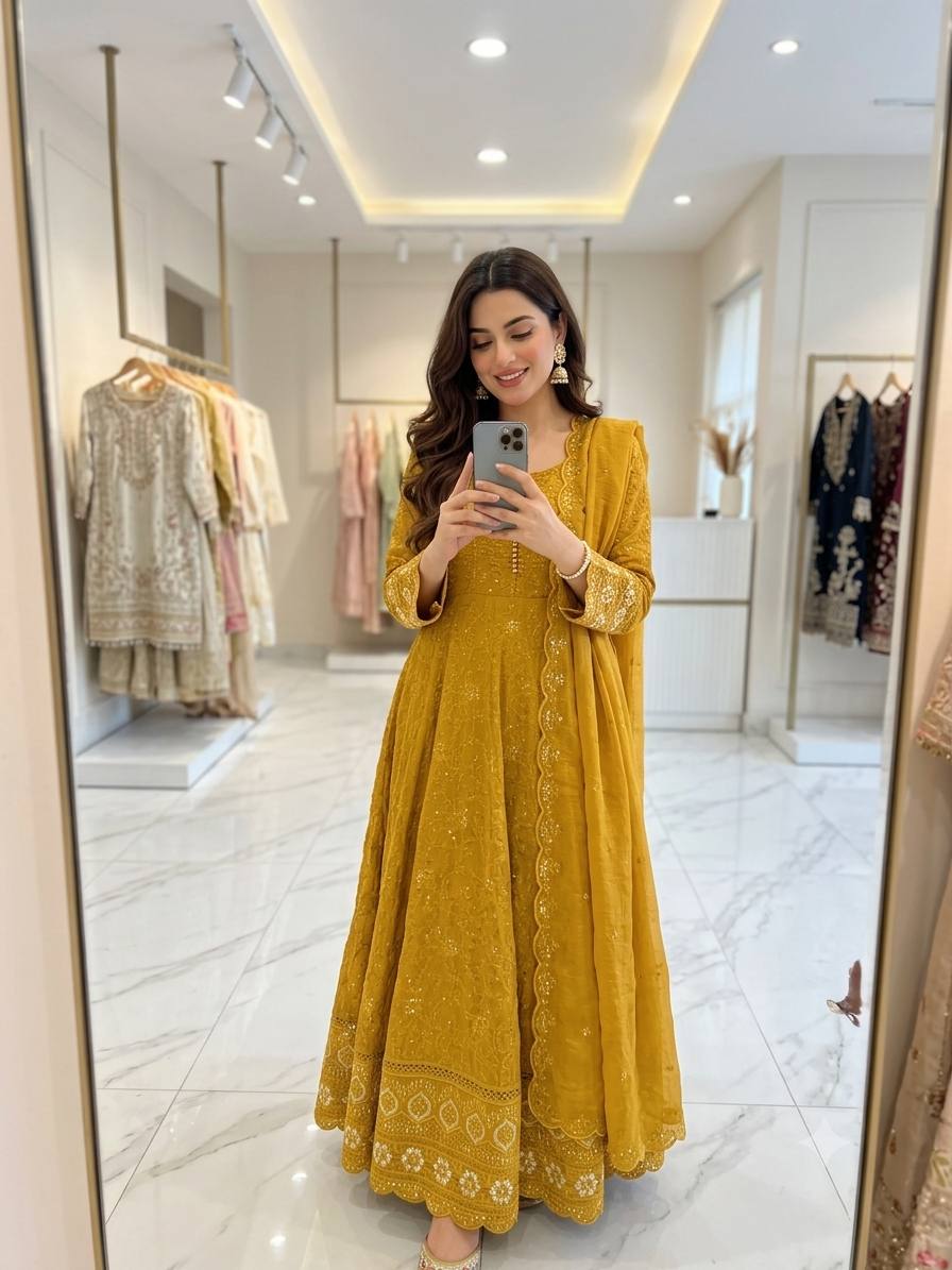 Designer Mustard Yellow Pure Fox Georgette Sequence Embroidery Gown, Pant & Dupatta Set with Padded Bust & Latkan