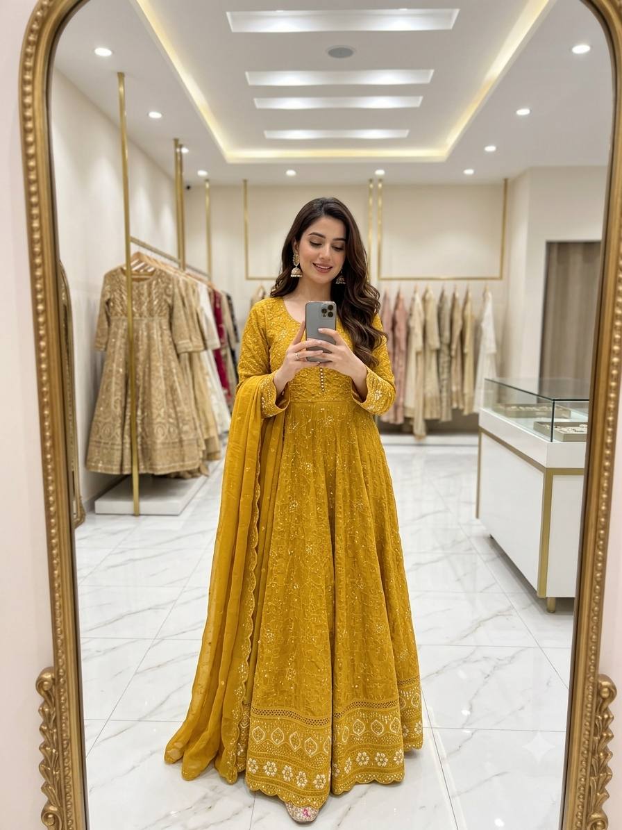 Designer Mustard Yellow Pure Fox Georgette Sequence Embroidery Gown, Pant & Dupatta Set with Padded Bust & Latkan