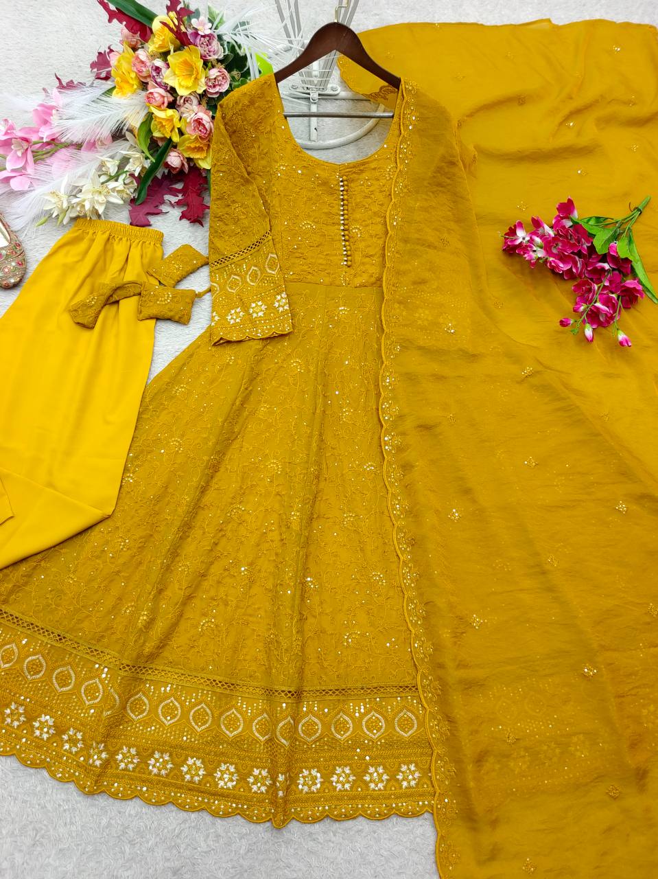 Designer Mustard Yellow Pure Fox Georgette Sequence Embroidery Gown, Pant & Dupatta Set with Padded Bust & Latkan