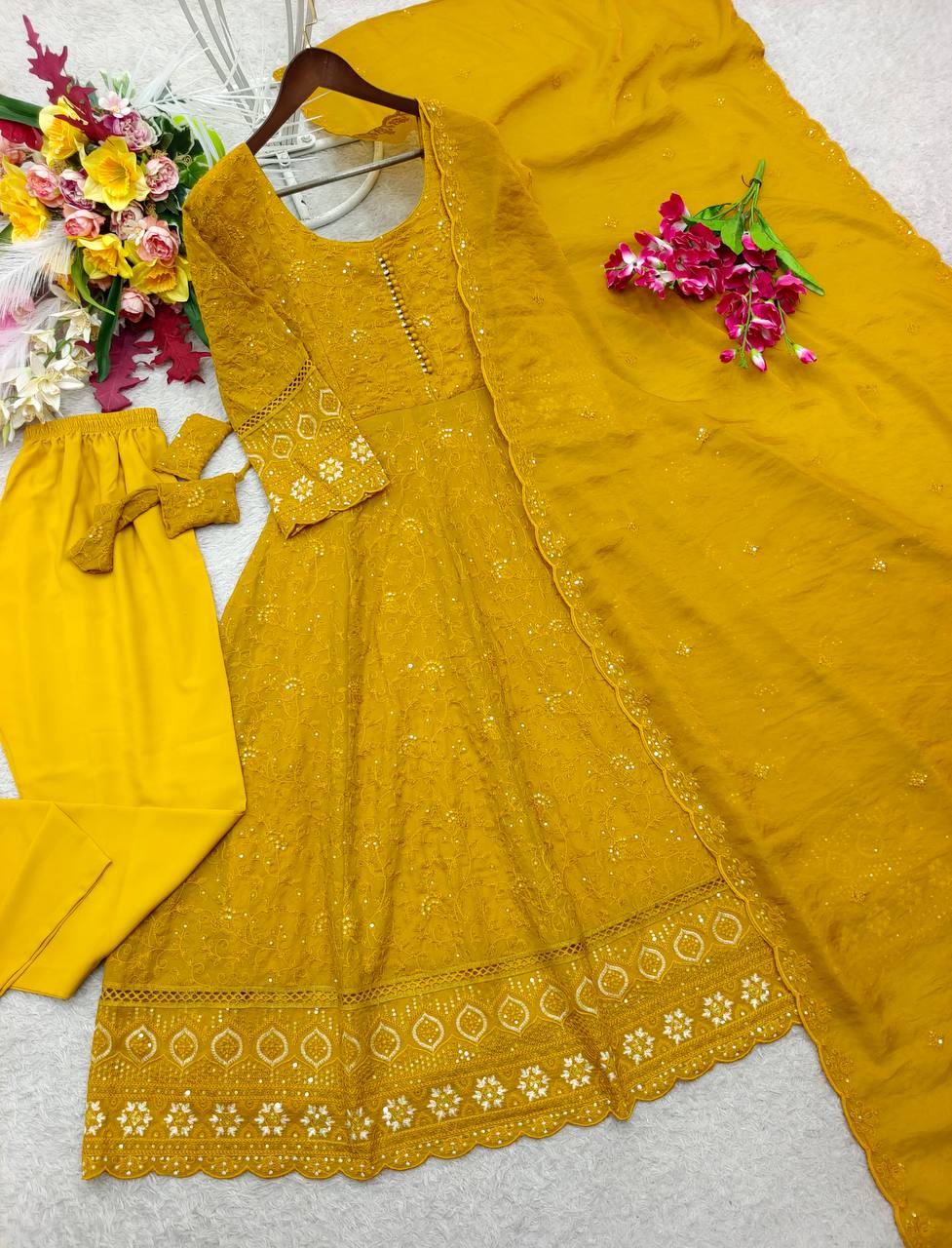Designer Mustard Yellow Pure Fox Georgette Sequence Embroidery Gown, Pant & Dupatta Set with Padded Bust & Latkan