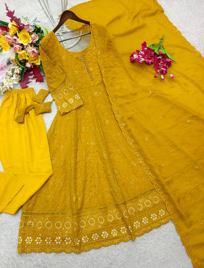 Designer Mustard Yellow Pure Fox Georgette Sequence Embroidery Gown, Pant & Dupatta Set with Padded Bust & Latkan