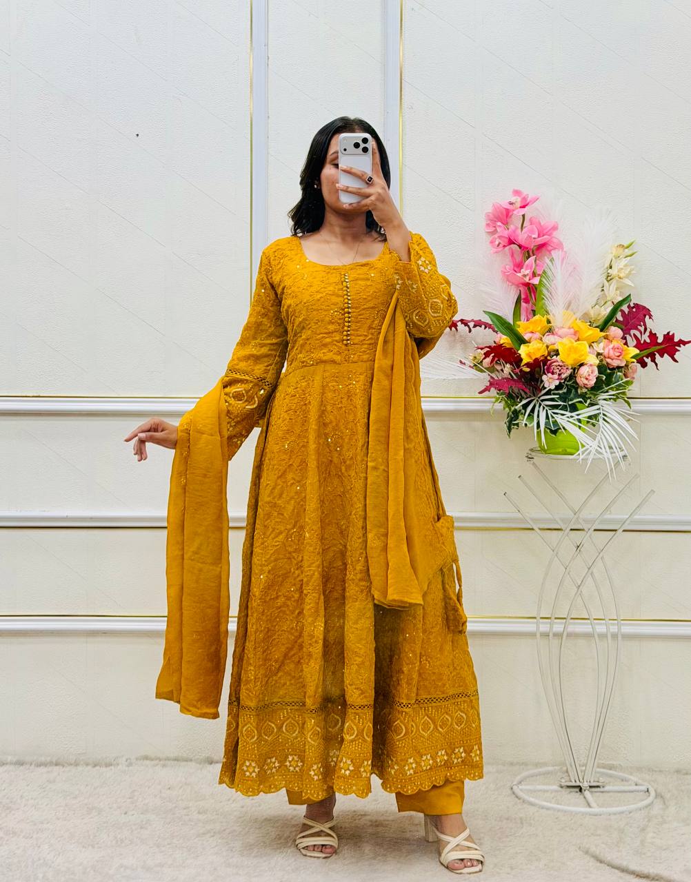 Designer Mustard Yellow Pure Fox Georgette Sequence Embroidery Gown, Pant & Dupatta Set with Padded Bust & Latkan