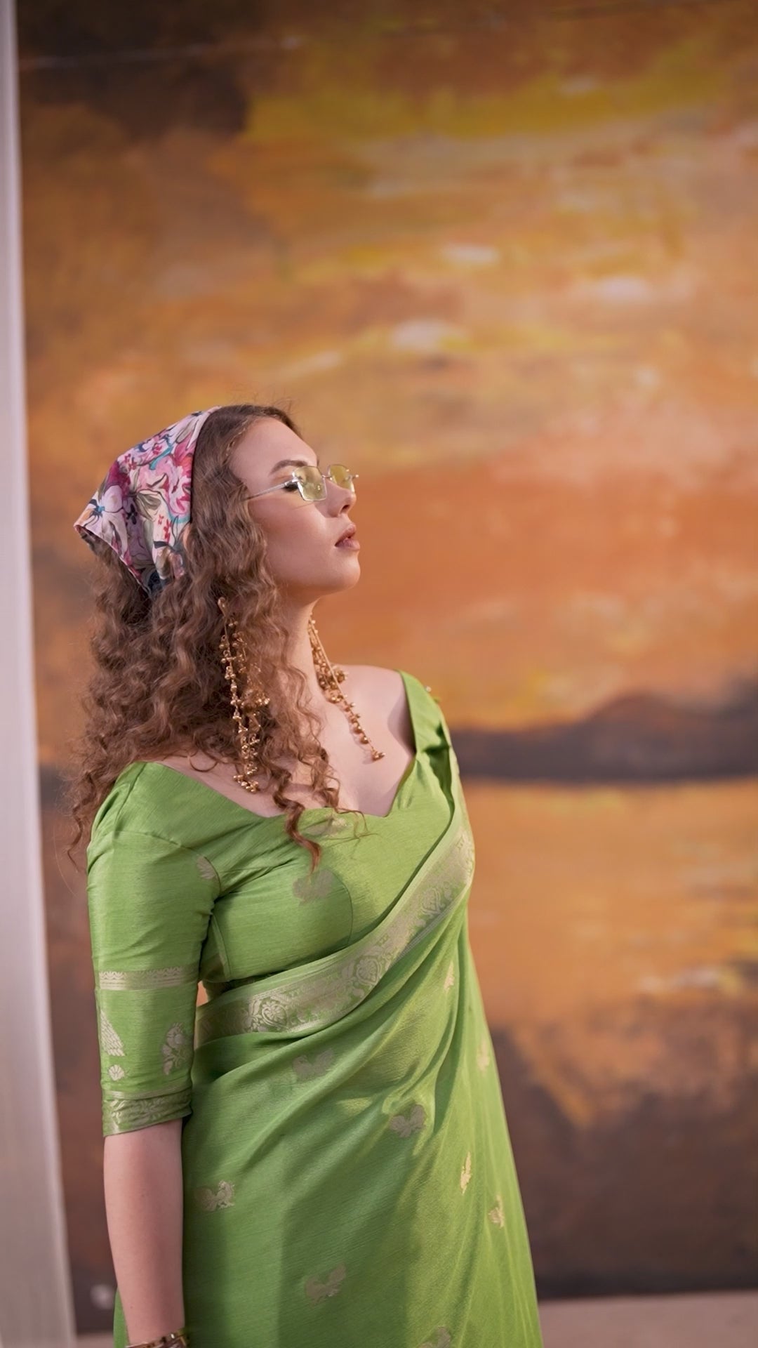 Green Crepe Saree with Weaving Work