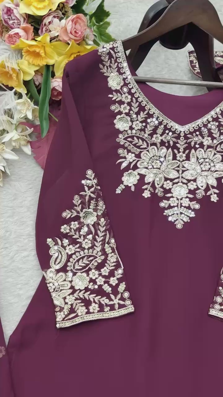 Designer Pure Fox Georgette Sequence Embroidery Work Top, Sharara & Dupatta Set