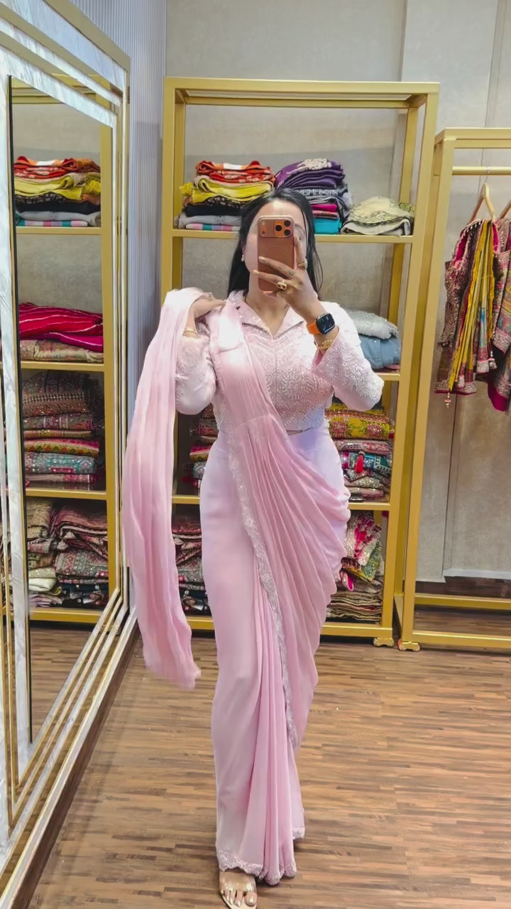 Ready-to-Wear Baby Pink Georgette Drape Saree with Sequins Work Custom Stitch Blouse
