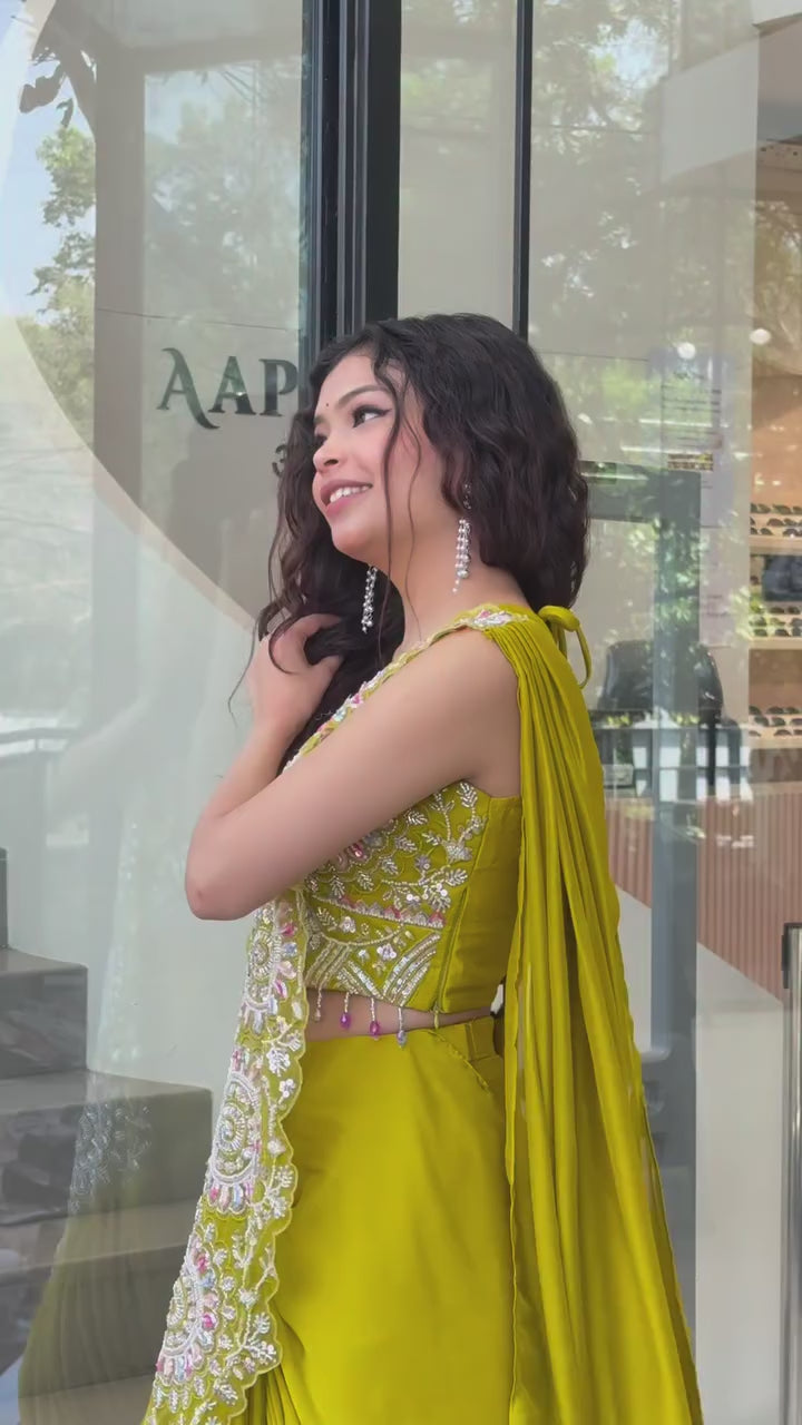 Ready-to-Wear Yellow Faux Georgette Drape Saree with Sequins Work, Stitched Blouse
