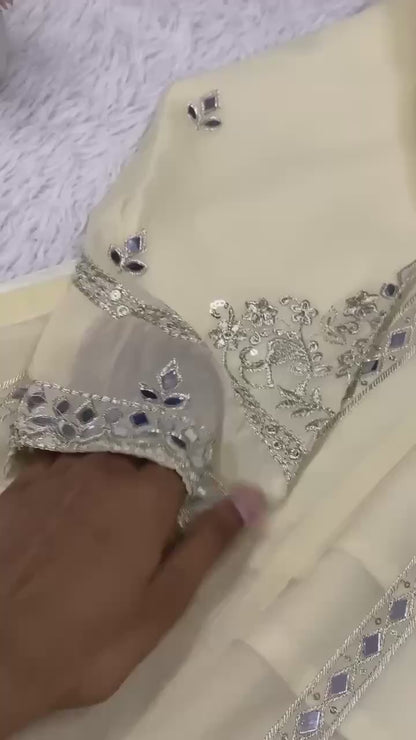 Women's White Georgette Sequence Embroidery & Real Mirror Work 3-Piece Gown Set
