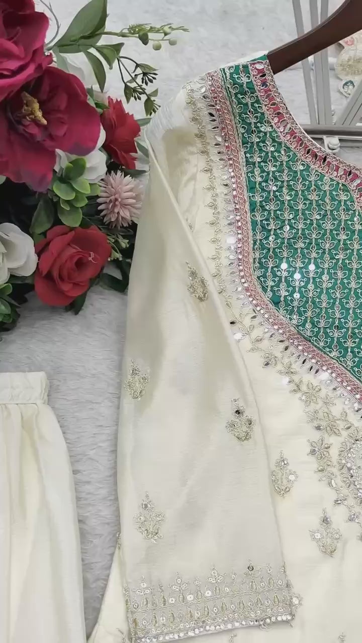 Designer Pure Chinon Silk Sequence Embroidery & Mirror Work Top, Palazzo & Dupatta Set