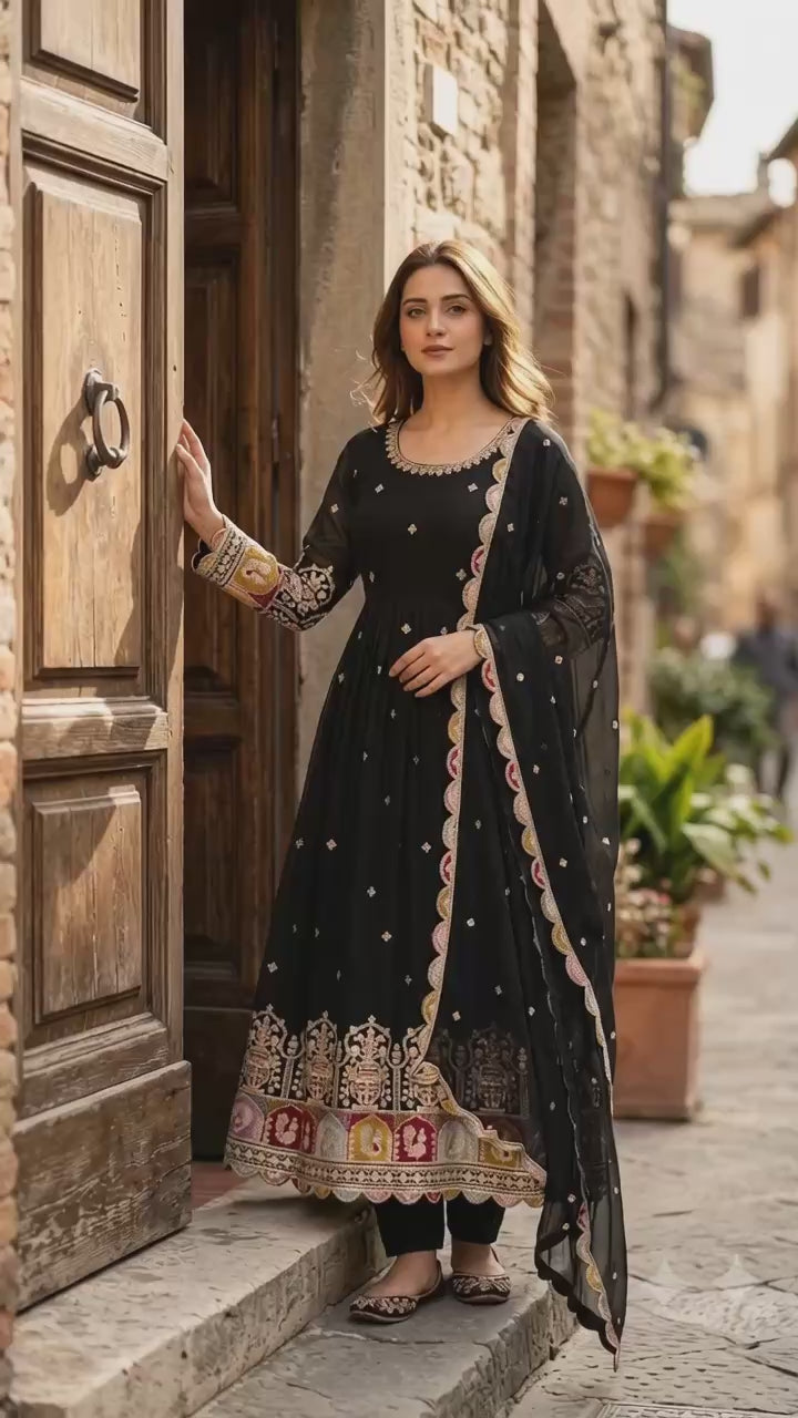 Designer Pure Blooming Georgette Sequence & Coding Dori Embroidery Gown, Pant & Dupatta Set with Padded Bust & Latkan