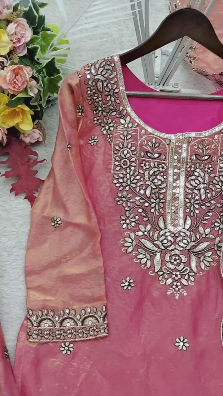 Designer Pure Fendy Silk Sequence Embroidery Work Top, Sharara & Dupatta Set