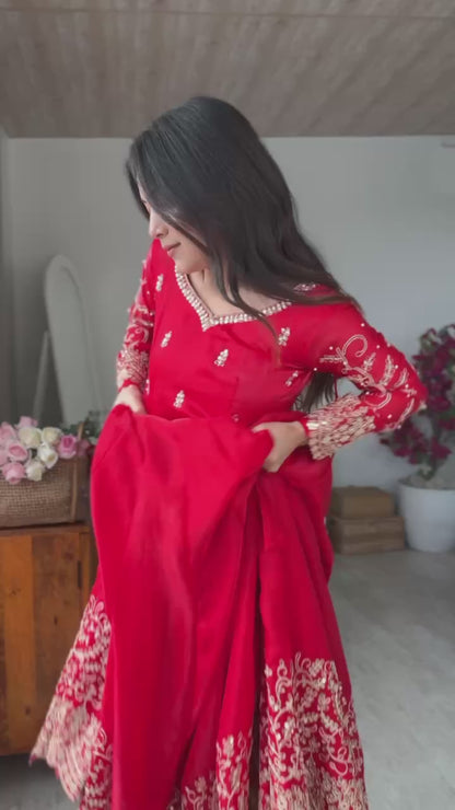 Designer Fendy Silk Embroidery Coding & Sequence Work Red Gown, Pant & Dupatta Set (Copy)