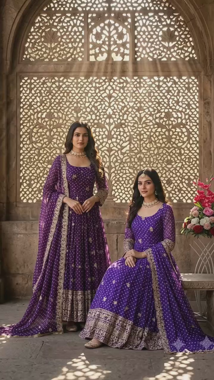 Designer Beige Pure Fox Georgette Sequence Embroidery Purple Gown, Pant & Dupatta Set with Padded Bust & Latkan