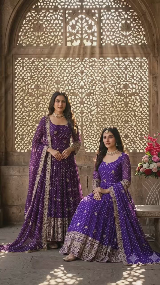 Designer Blue Pure Fox Georgette Sequence Embroidery Purple Gown, Pant & Dupatta Set with Padded Bust & Latkan